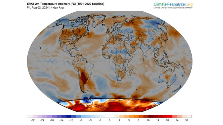 Temperature anomalies of around 20 degrees Celsius above zero: climate data show the heat wave in Antarctica. Here is a snapshot from August 2, 2024.